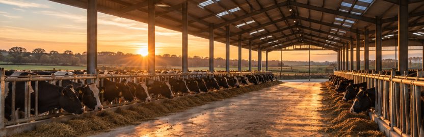 Dairy cattle feeding at sunset