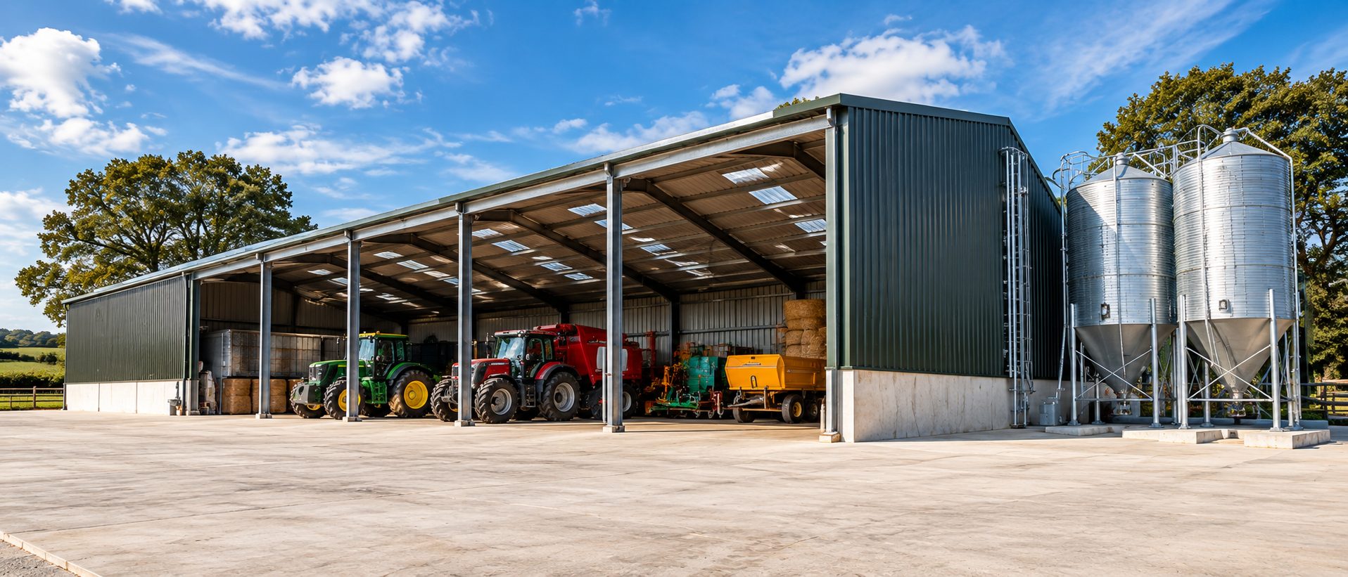 Open-fronted machinery building with grain silos