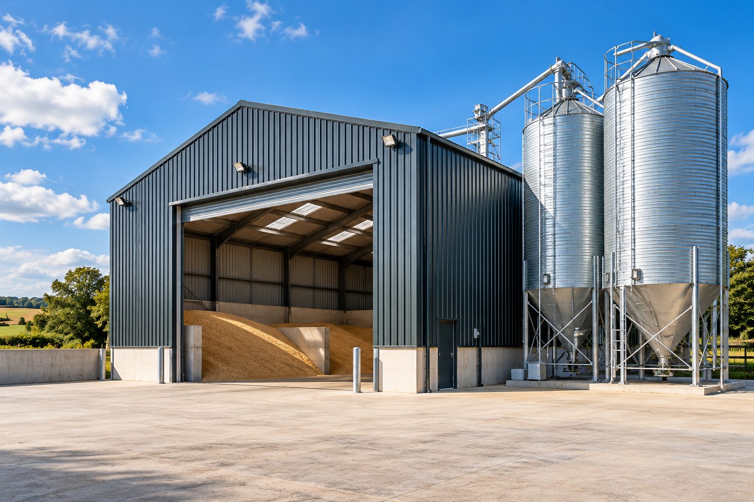 Grain store with twin feed silos