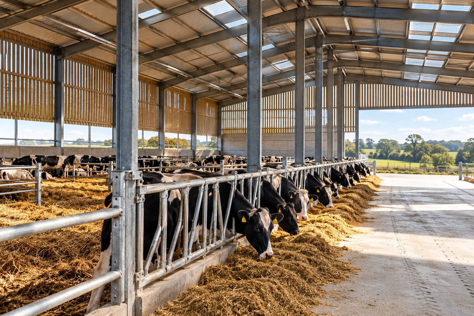 Cattle feeding in a modern livestock building
