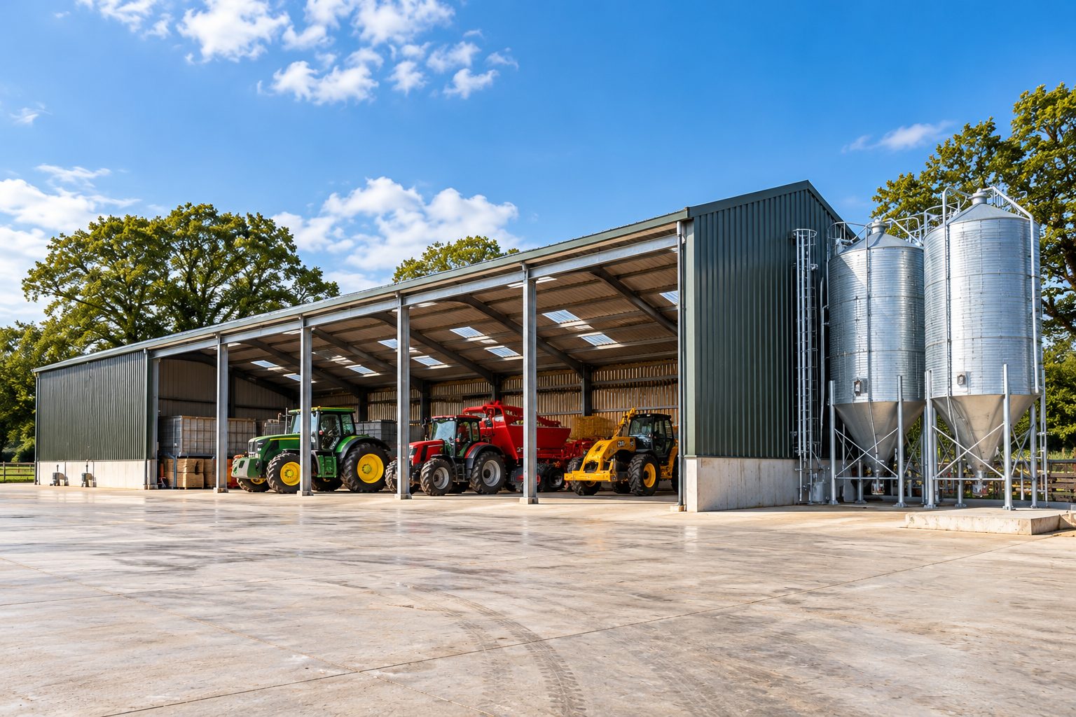 Tractors stored in an open-fronted machinery shed